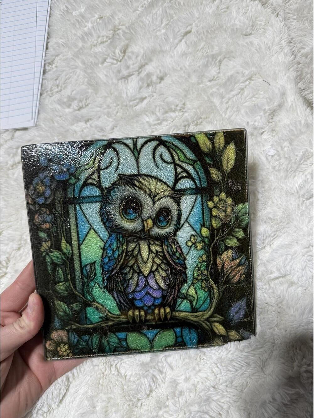 Decorative Owl Art Glass Trivet Cutting Board with Stained Glass Effect